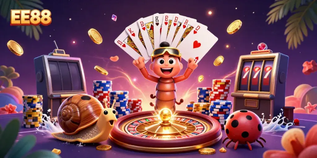 Experience thrilling gaming action with EE88 featuring lively characters and vibrant casino elements.