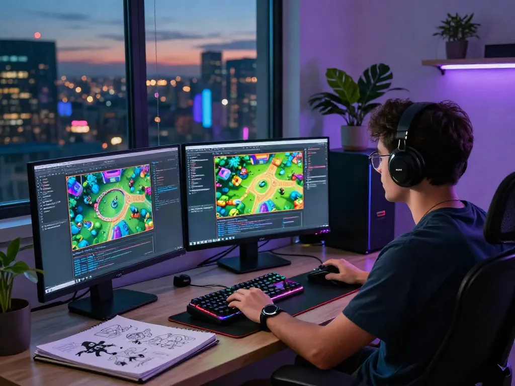 Dynamic workspace featuring game development elements at garuda404, showcasing coding screens, gaming accessories, and a city skyline.