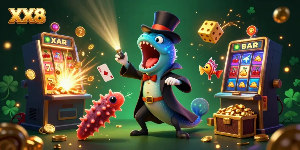 Engage in thrilling gambling with XX8 in a vibrant underwater casino scene featuring unique sea creatures.