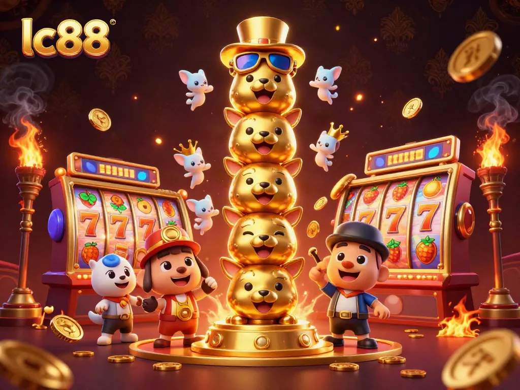 Engage with lc88's vibrant casino world featuring a golden totem and spinning slot reels, celebrating gaming excitement.