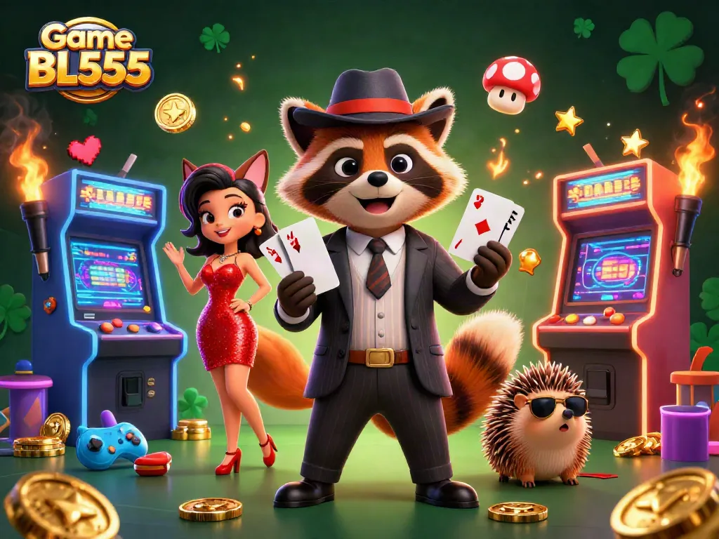 Experience thrilling wins with Game BL555 amid vibrant casino elements and charming characters.