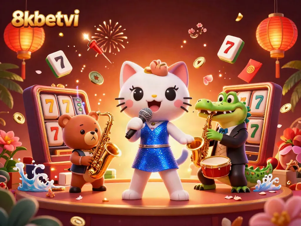 Experience vibrant gambling fun with 8xbetvi's animated cat, crocodile, and bear in an exciting casino illustration.