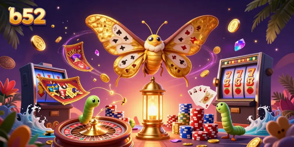 Experience the thrill of B52 with stunning casino imagery featuring vibrant moths, coins, and game elements.