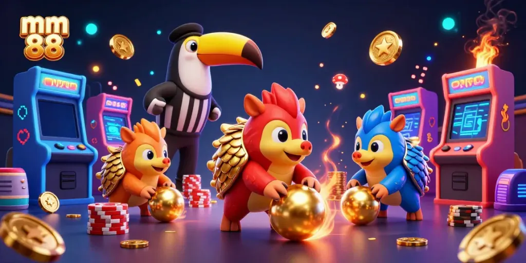 Experience mm 88 with vibrant pangolins bowling through golden chips in a lively casino scene.