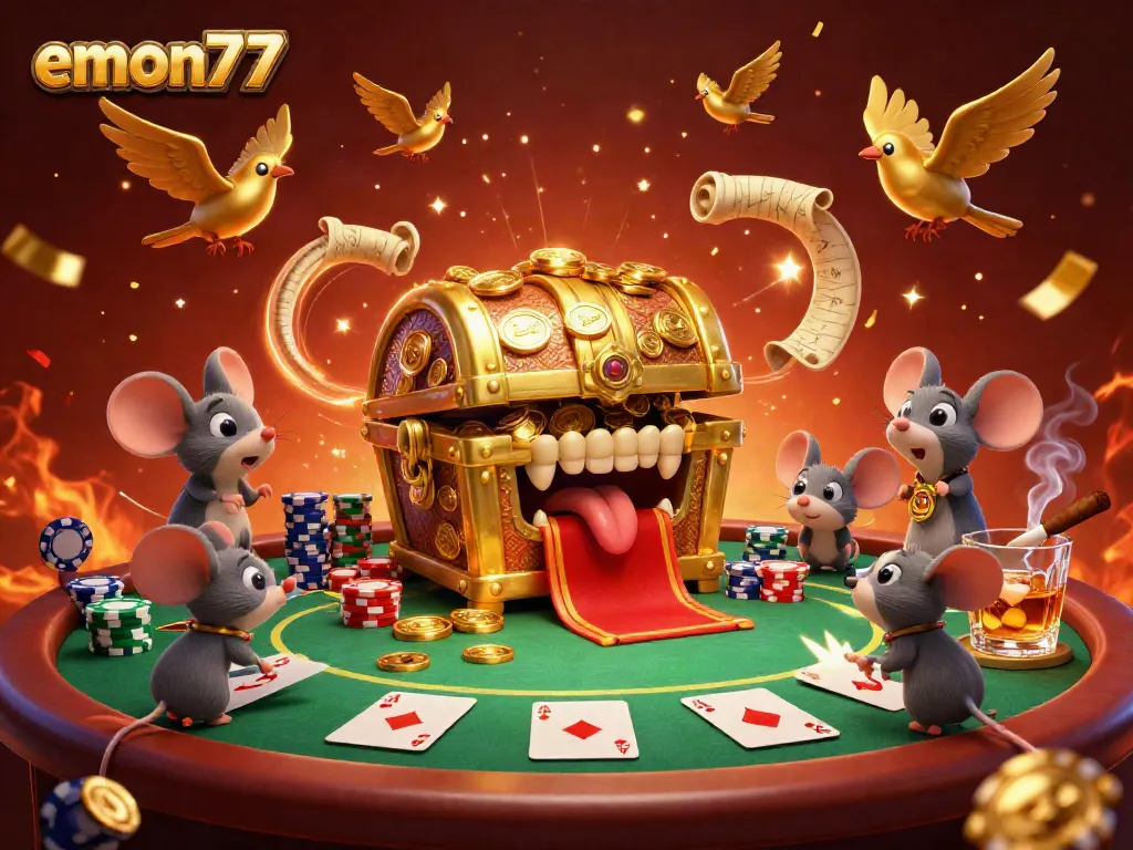 Engage in thrilling gaming with emon77's vibrant casino scene featuring exciting poker and treasure.
