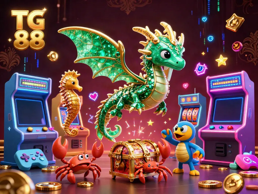 Immerse in TG 88’s vibrant gaming universe, featuring an emerald sea dragon, casino elements, and magical treasures.