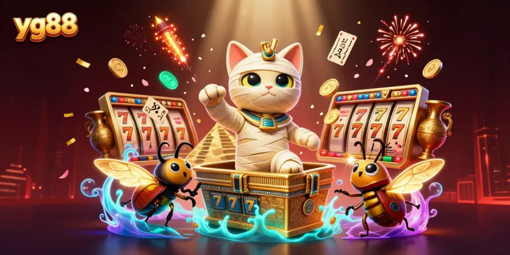 Experience the thrilling atmosphere of yg88's vibrant casino scene with a mummy cat and scarab beetle.
