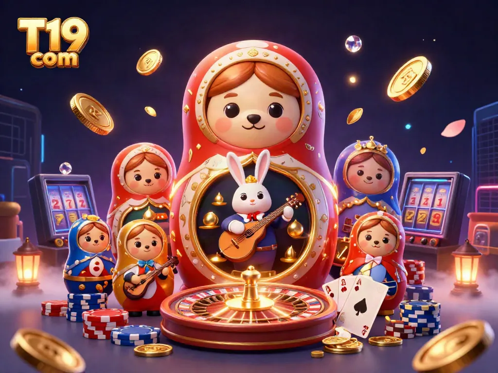 Experience T19 com's vibrant casino world with a dynamic scene of playful characters and gaming elements.