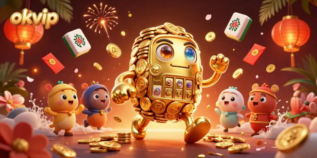 Spin and win with okvip's exciting casino features showcased in a vibrant 3D scene.