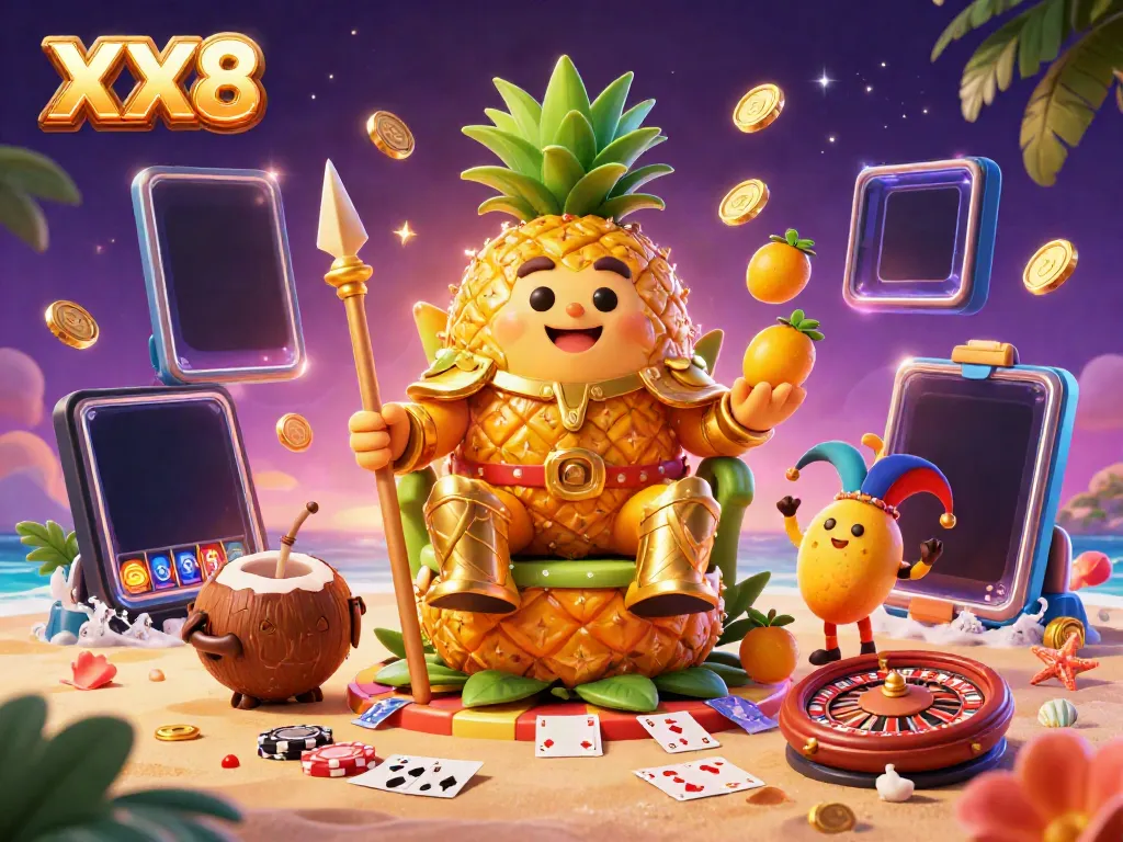 Engage in thrilling slot games with XX8, where golden coins and vibrant characters energize the beach casino.