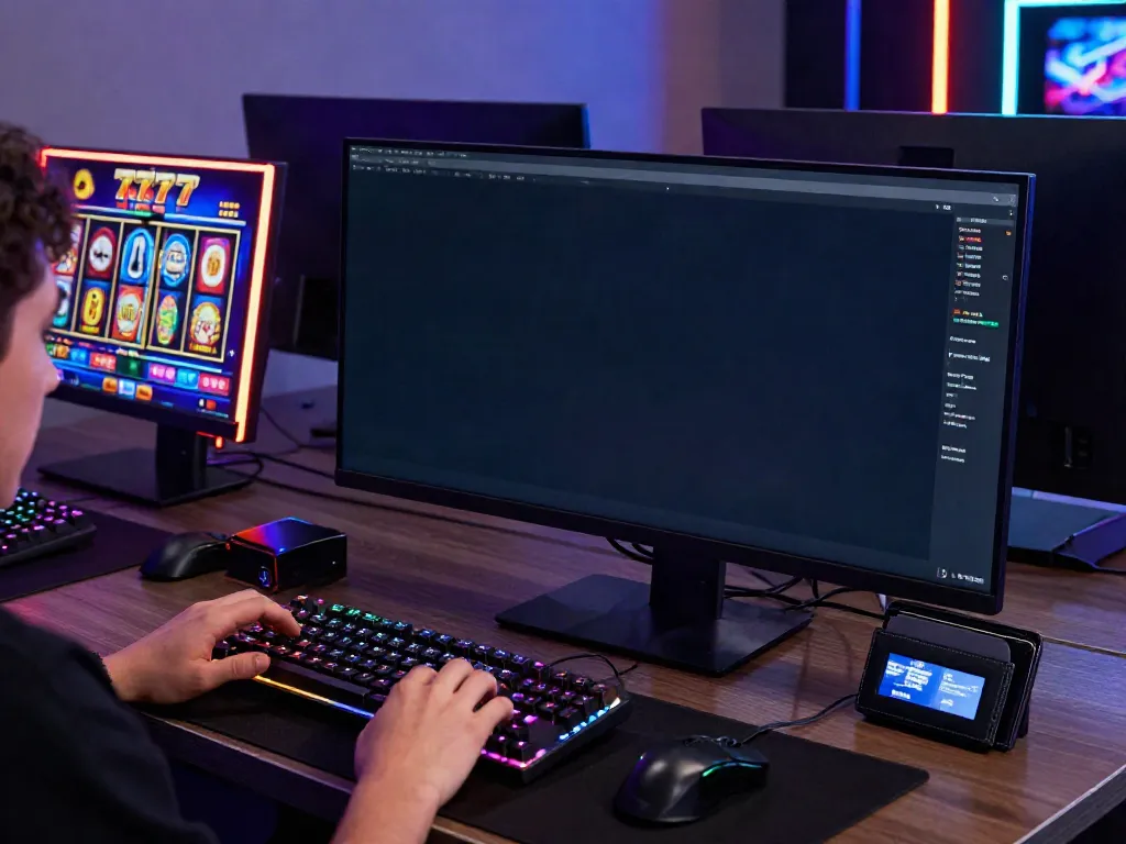 Engaging scene of a player enjoying slot777 gaming on a dual-monitor setup with vibrant graphics and accessories.
