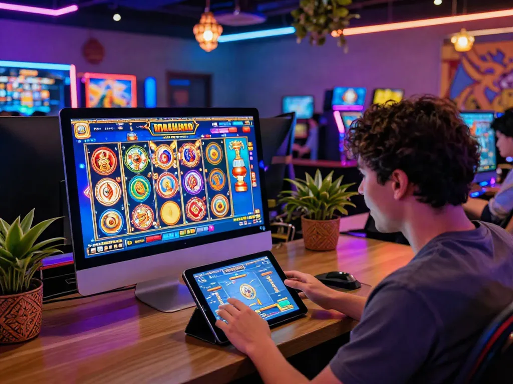Dynamic gaming scene illustrating slot Thailand experience with colorful interfaces and user engagement.