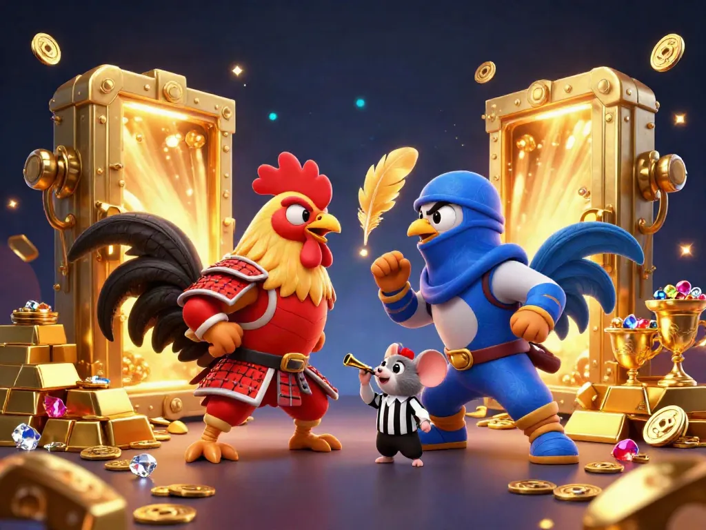 Engage in thrilling ee88 action with colorful fighting roosters amidst gold treasures in a vibrant casino atmosphere.