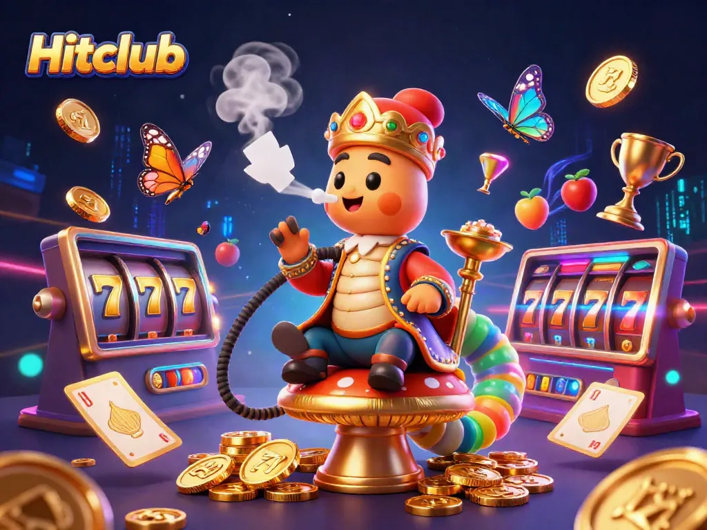 Experience the thrilling world of Hitclub with a vibrant 3D illustration of a caterpillar hookah-master amidst jackpot symbols and casino elements.