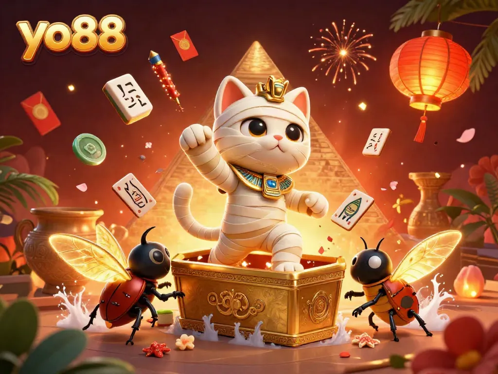 Experience the allure of yo88 with a vibrant 3D illustration featuring a mummy cat and casino elements.