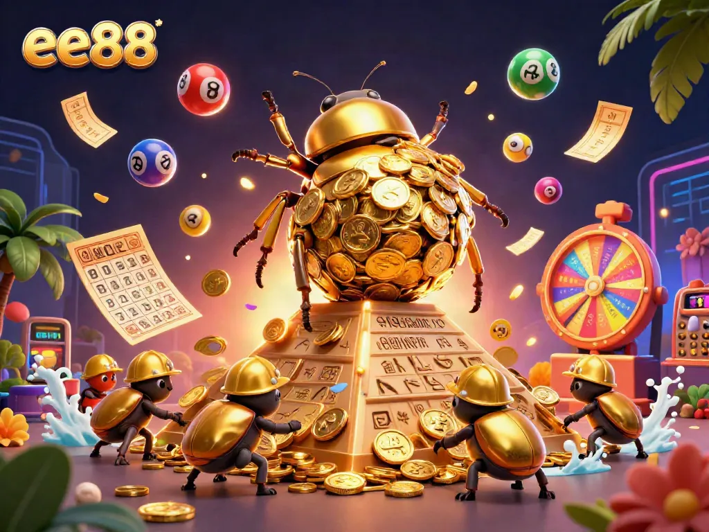 Engage with the exciting world of ee88 featuring a golden beetle amidst casino symbols and lottery elements.