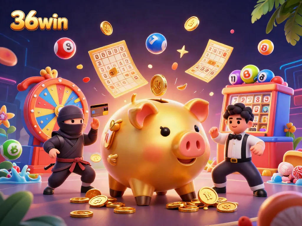 Experience thrilling gameplay at 36win with a vibrant illustration of a piggy bank sumo wrestler surrounded by casino elements.