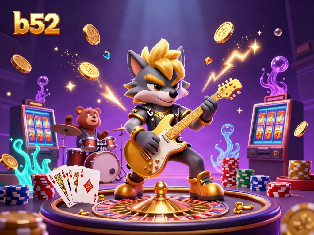 Experience thrilling gameplay at b52 with the vibrant casino scene featuring cartoon characters and flying coins.