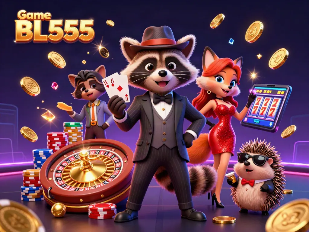 Engage players with thrilling action in Game BL555 featuring vibrant characters and dazzling casino elements.