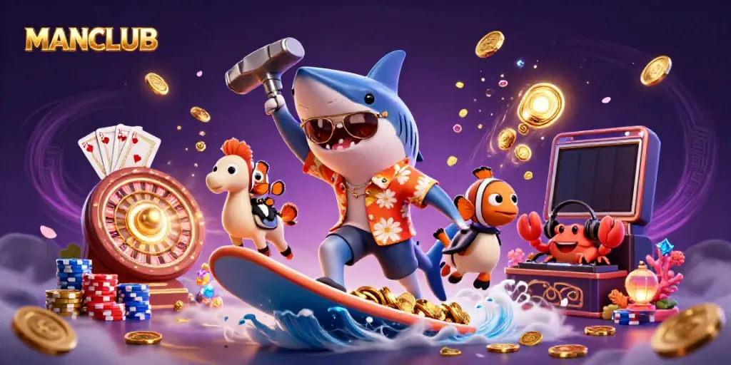 Experience the thrill of MANCLUB with a lively 3D scene of a shark and friends amid swirling casino elements.