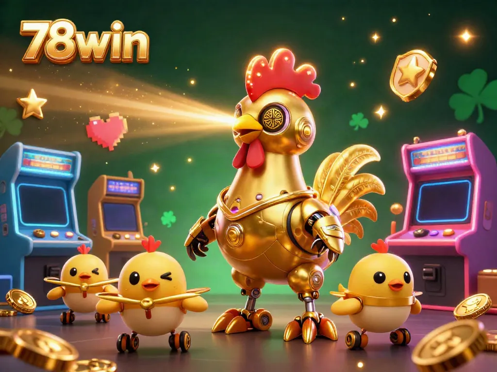 Engage in the exciting game world of 78win with a vibrant 3D illustration showcasing a golden rooster robot and baby chick drones amidst colorful casino elements.