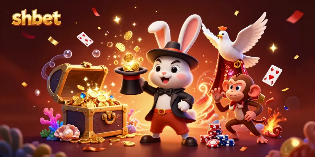 Experience the magic of shbet with a 3D rabbit magician pulling golden coins, enhancing your casino adventures.