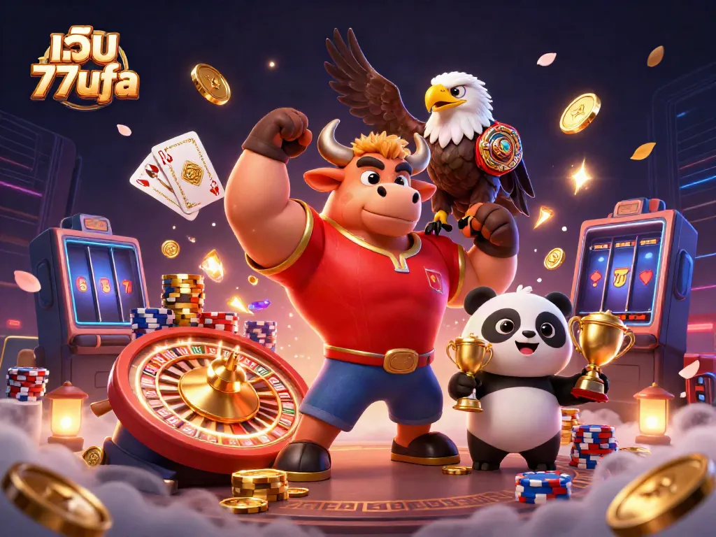 Win big with เว็บ 77ufa as a cartoon bull mascot celebrates victory with a panda and eagle, surrounded by casino elements.