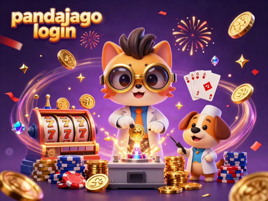 Pandajago login mengamati mesin slot dengan kucing ilmuwan dan anjing loyal di kasino virtual yang penuh koin emas.