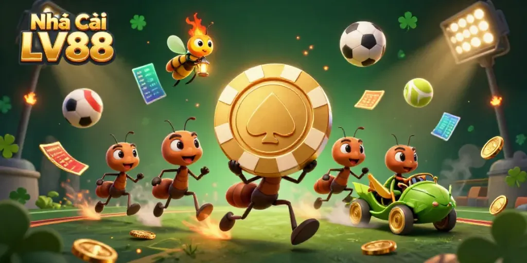 Experience thrilling gameplay with Nhà Cái LV88 as cartoon ants embark on a heist with a poker chip.
