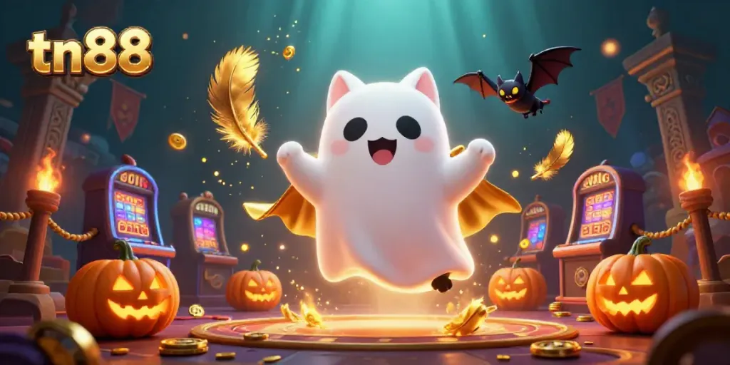 Engage in thrilling adventures with tn88, featuring a ghostly cat and a bat amidst exciting casino elements.