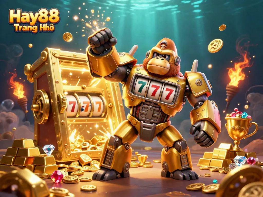 Experience winning thrills at Hay88 Trang Chủ with a dynamic golden gorilla mech and treasure-filled backdrop.