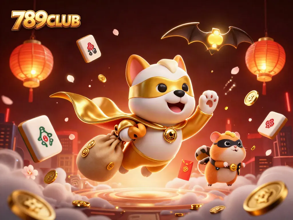 Win big with 789CLUB as a superhero dog flies through a vibrant casino scene!