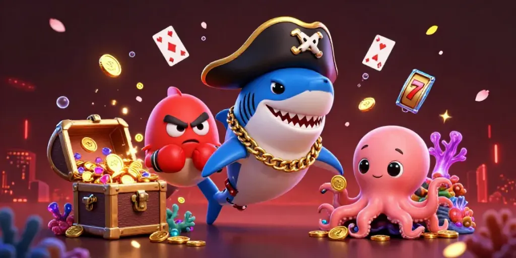 Engage with ee88 through a dynamic 3D scene featuring a colorful pirate shark, pufferfish, and octopus in an underwater casino atmosphere.