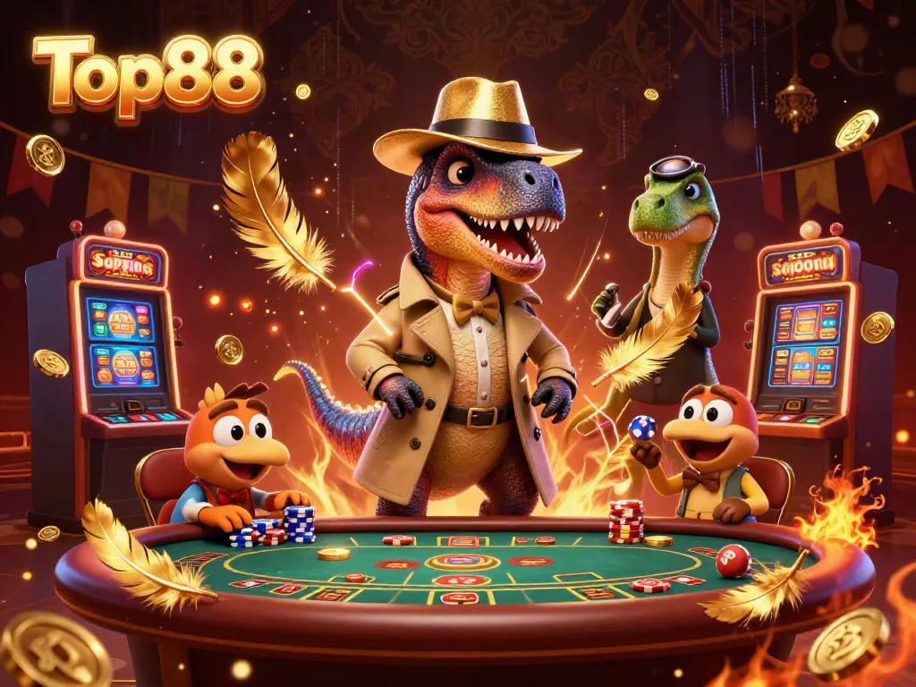 Top88 casino scene with a velociraptor card counter and stegosaurus pit boss at a blackjack table.