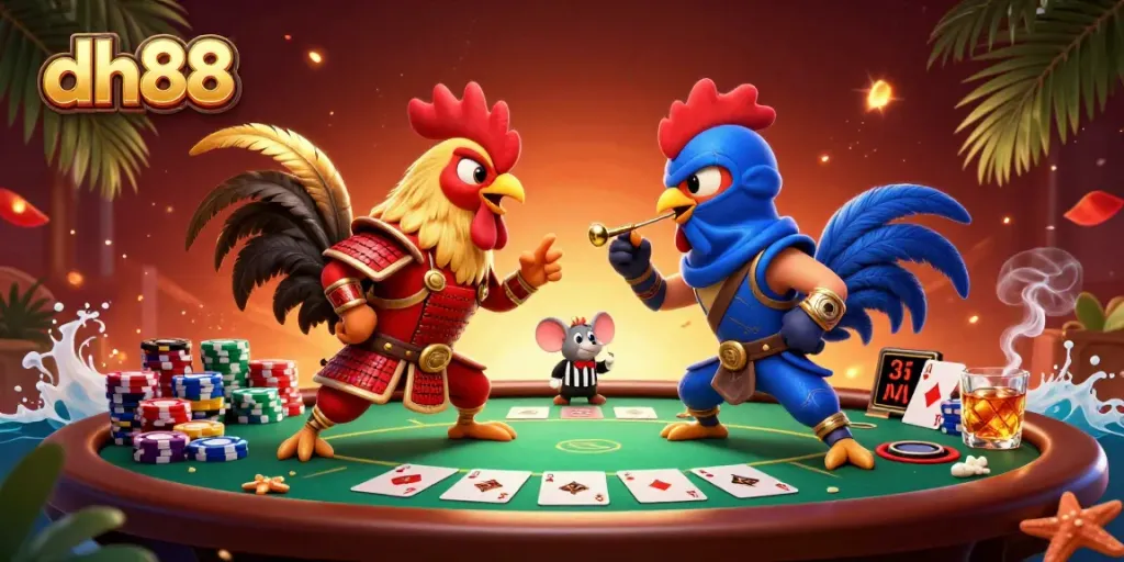 Engage with dh88 betting action as cartoon roosters battle over poker chips and community cards.