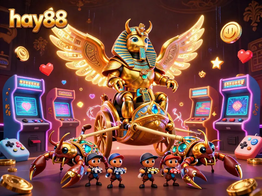 Join the fun at hay88 with a dazzling 3D casino scene featuring a golden scarab beetle and glowing game elements!
