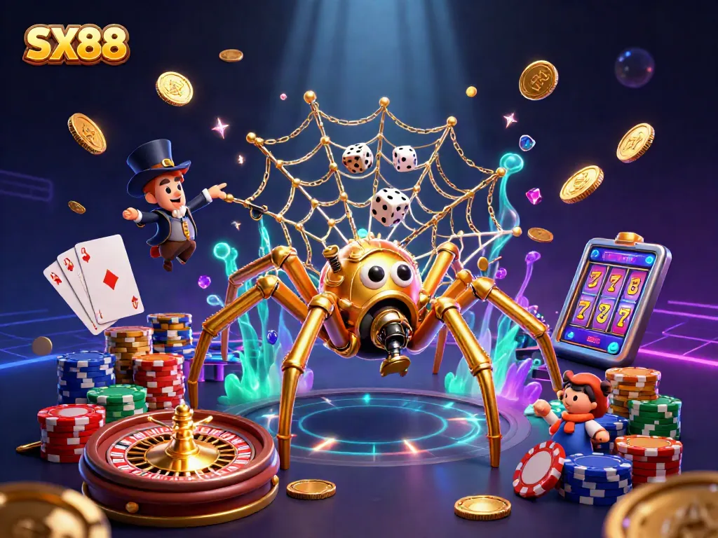 SX88 spiders spin a web of gambling excitement with golden chains and sparkling treasures.