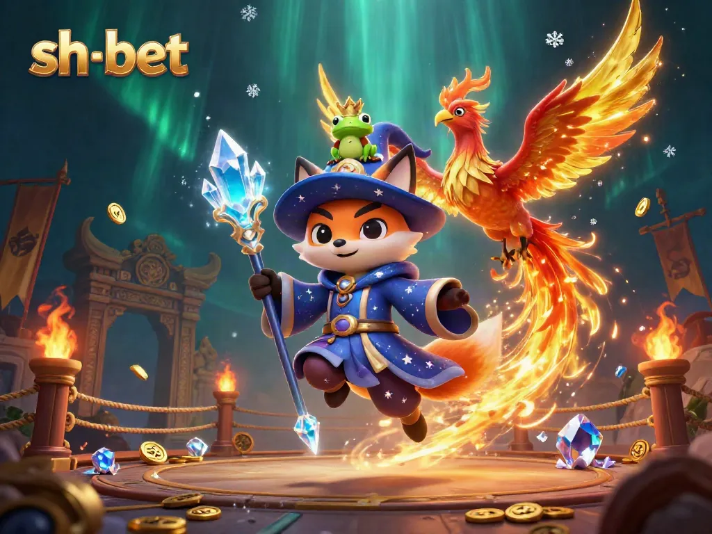 Engage with sh-bet through a vibrant 3D scene featuring a wizard fox, phoenix, and enchanted frog immersed in a dynamic casino environment.