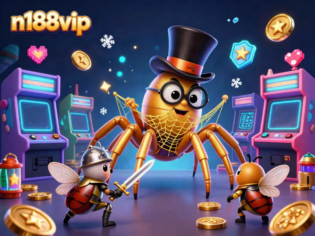 Experience n188vip's enchanting casino world featuring a golden tarantula and a beetle knight in a vibrant setting.