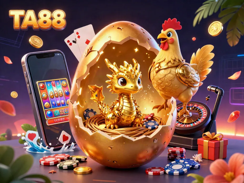 Experience thrilling gaming with TA88, where a golden dragon emerges amidst poker chips and vibrant slot games.