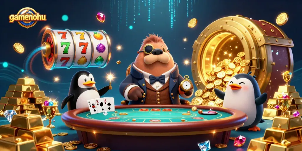 Engage in thrilling gaming at Gamenohu with a jolly walrus dealer in a vibrant casino scene.