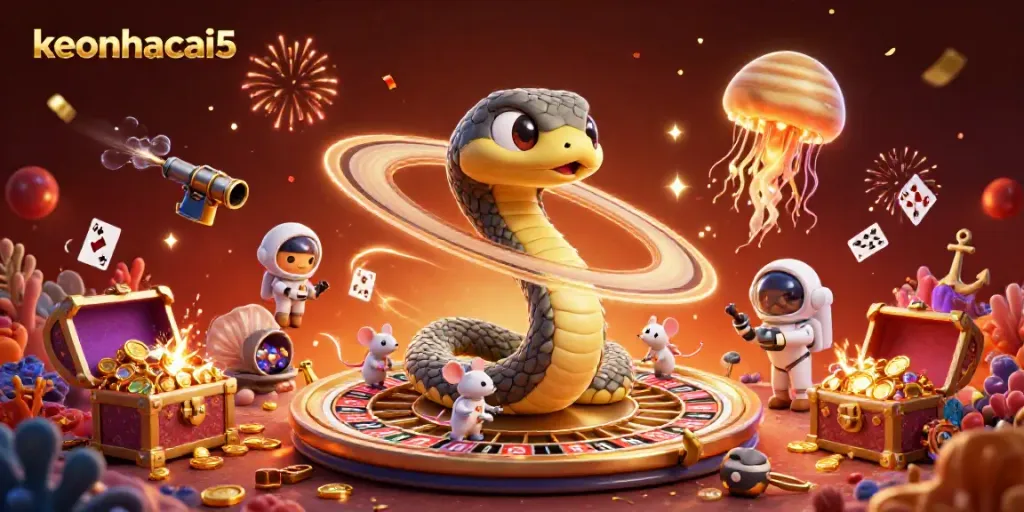 Place bets on the Saturn ring roulette wheel at keonhacai5 with vibrant cosmic elements and characters.