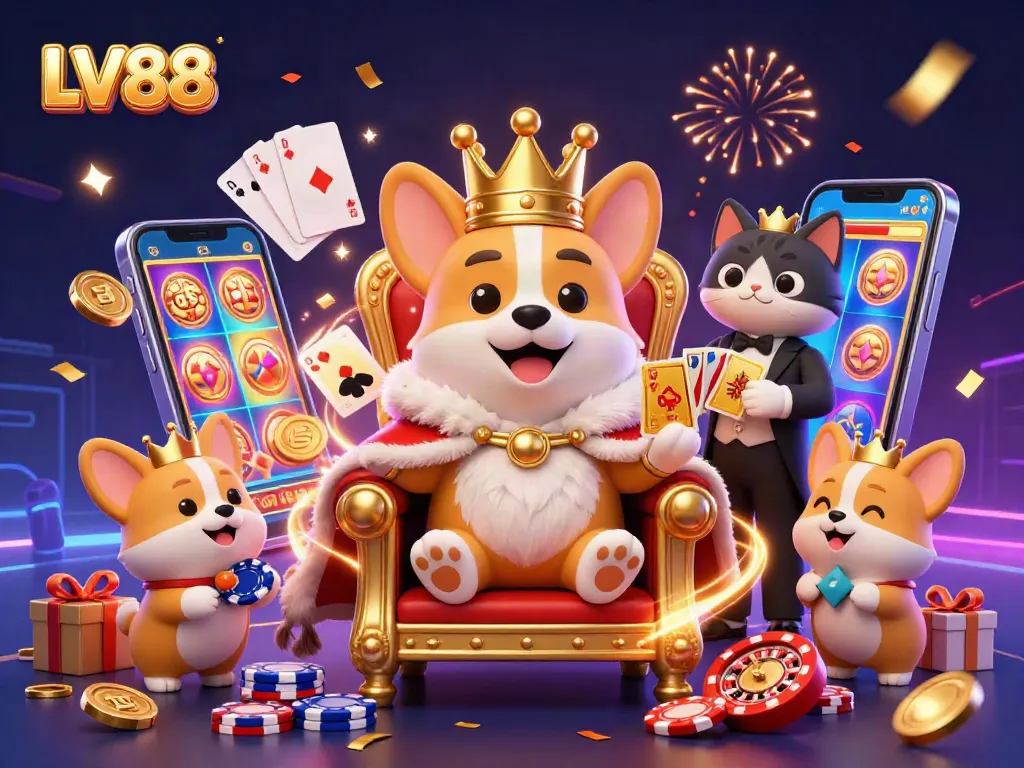 Experience the excitement of gambling at LV88 with dynamic slot games, golden coins, and festive atmosphere.