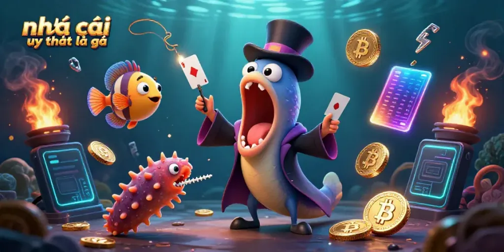Interact with a vibrant scene depicting a bioluminescent eel showcasing card tricks with crypto elements, representing nhà cái uy tín là gì.