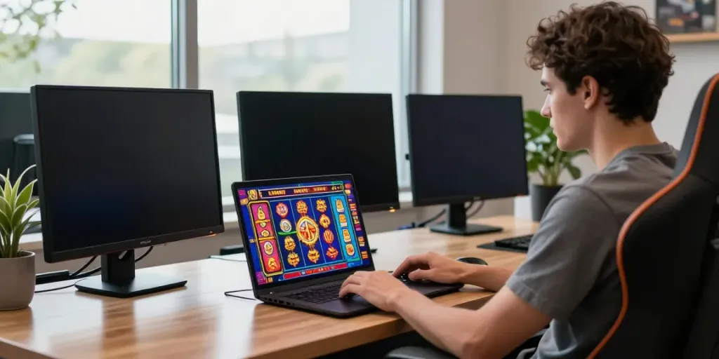 Engaging online slot gaming experience with vibrant graphics on laptop and smartphone bonuses.