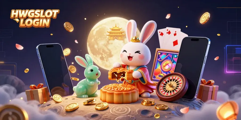 Engage with HWGSLOT LOGIN as vibrant casino elements unfold around a moon rabbit, immersing you in lunar gaming.