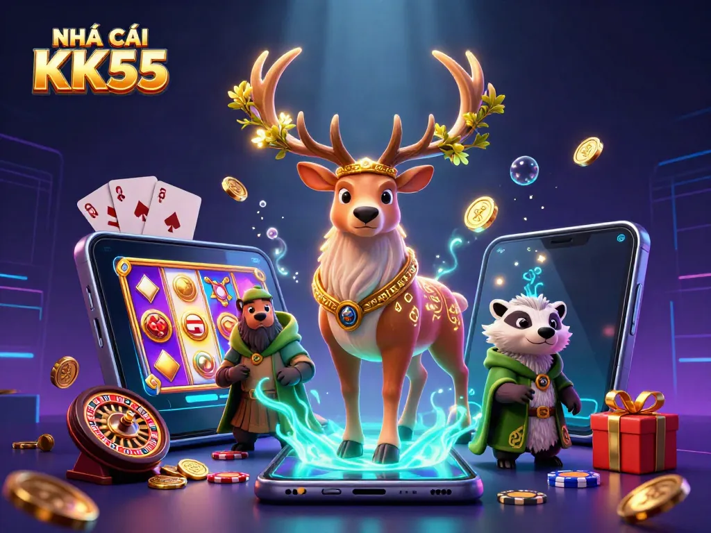 Experience thrilling gaming action with NHÀ CÁI KK55, featuring 3D elements and vibrant casino visuals.