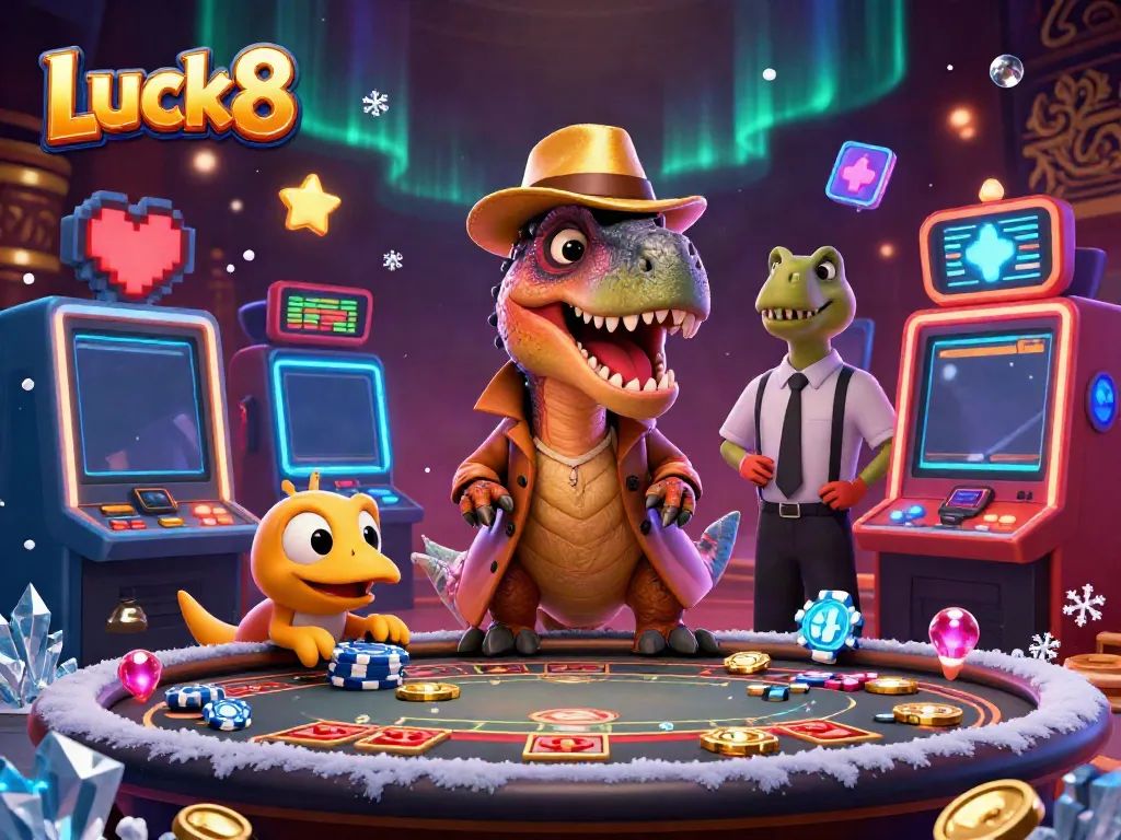 Luck8 velociraptor card counter at a blackjack table surrounded by vibrant slot machines.