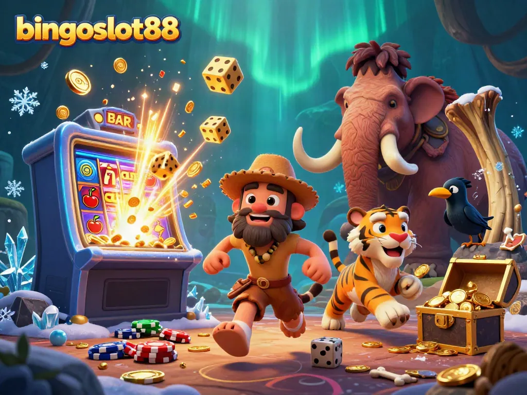 Bermain game berkualitas tinggi di bingoslot88 dengan suasana kasino prasejarah dan karakter menghibur.