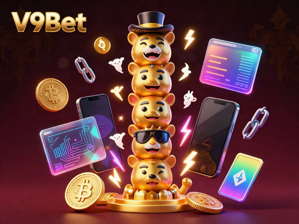 Experience the vibrant, dynamic world of V9Bet with 3D animated casino characters and cryptocurrency elements.